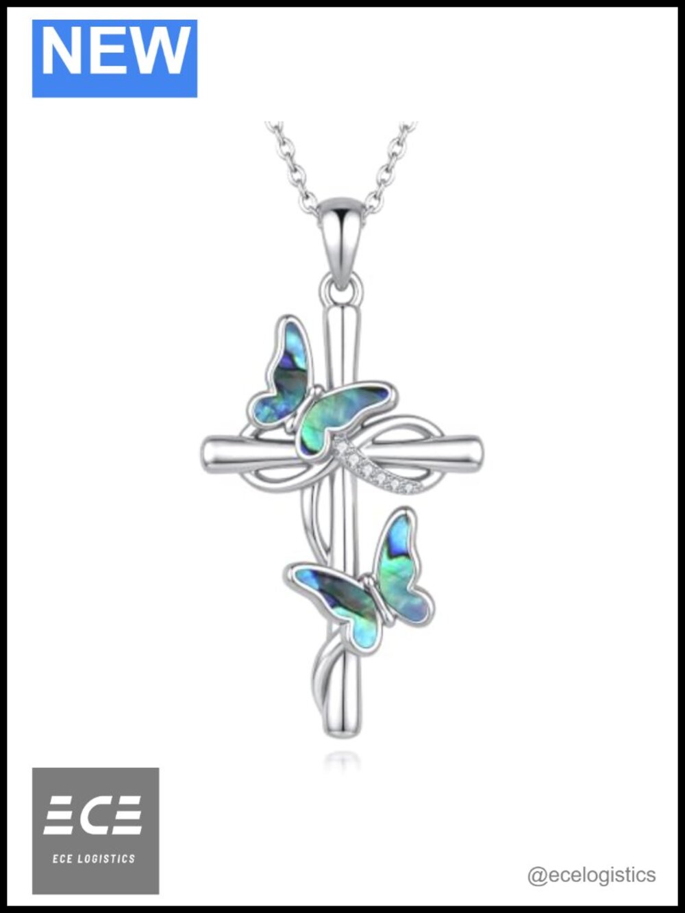 Abalone Butterfly Cross Pendant Necklace 20" Copper